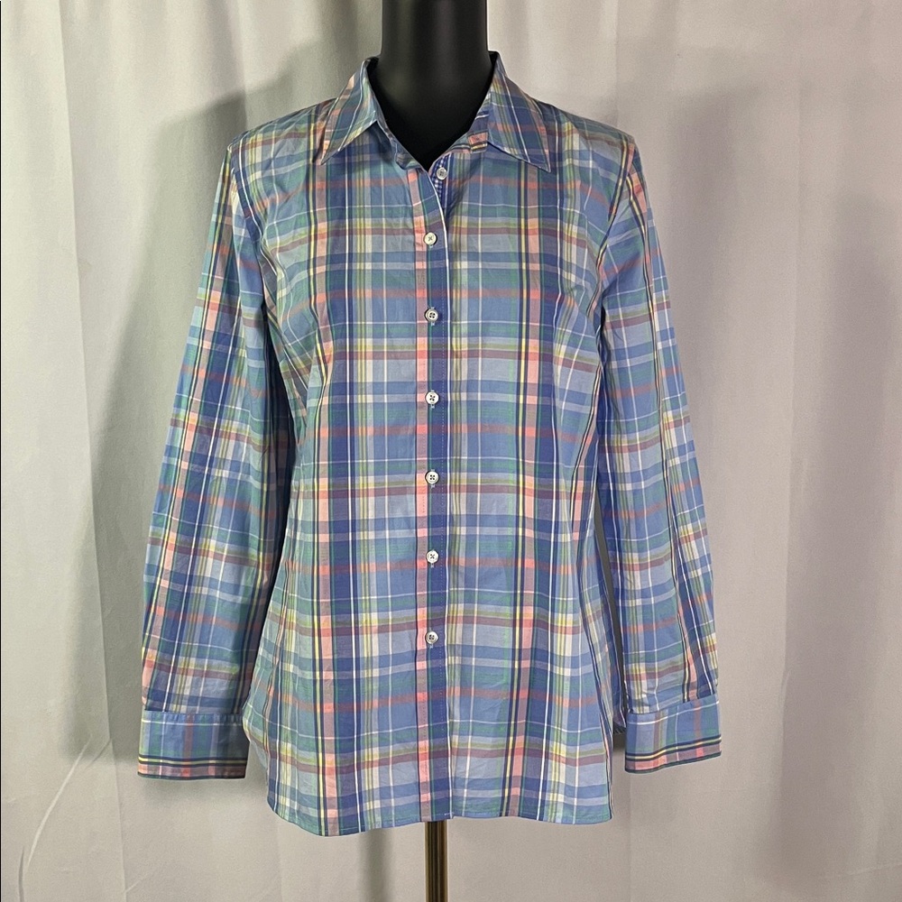 Talbots Blue Multicolor Pastel Plaid Button Down Cotton Shirt